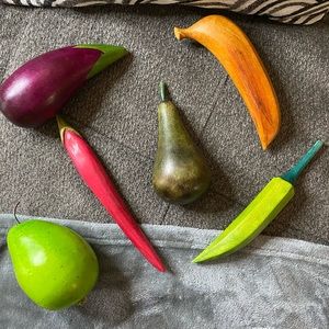 Vintage Boho Wooden Fruit & Vegetables Pears, an Eggplant, a Banana and Peppers